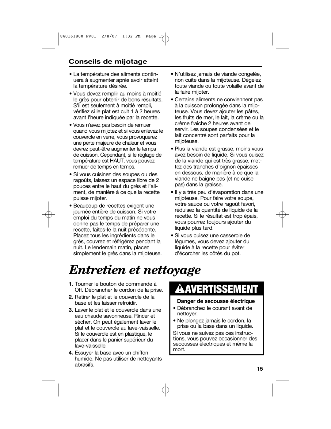 Hamilton Beach 840161800 manual Entretien et nettoyage, Conseils de mijotage 