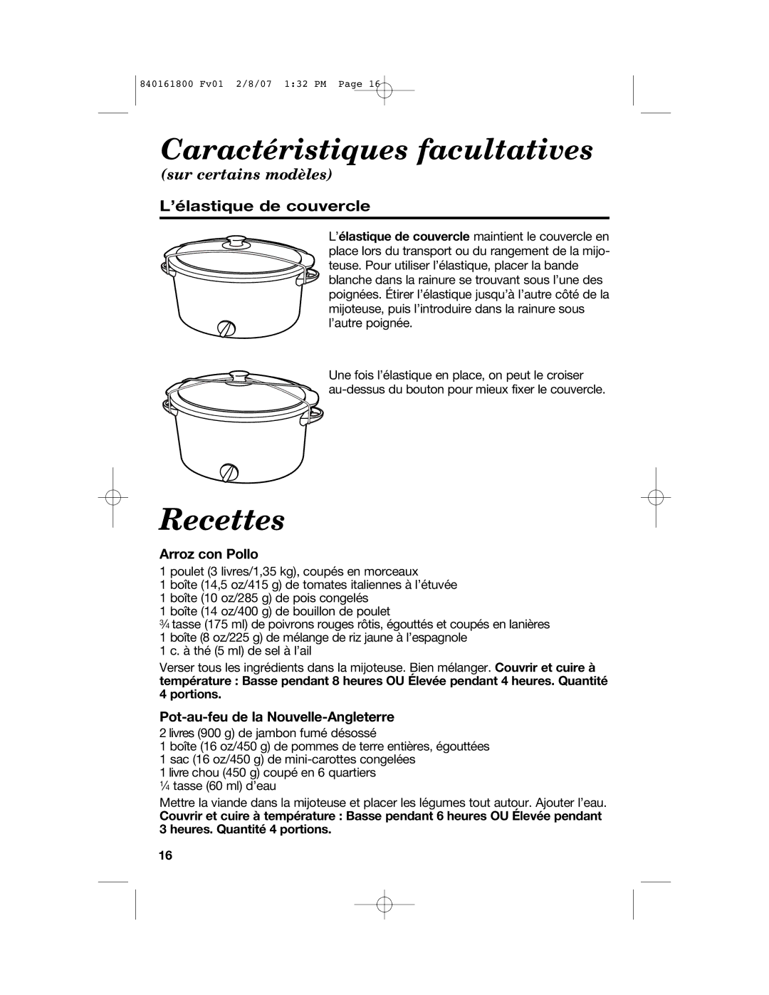 Hamilton Beach 840161800 manual Recettes, ’élastique de couvercle, Pot-au-feu de la Nouvelle-Angleterre 