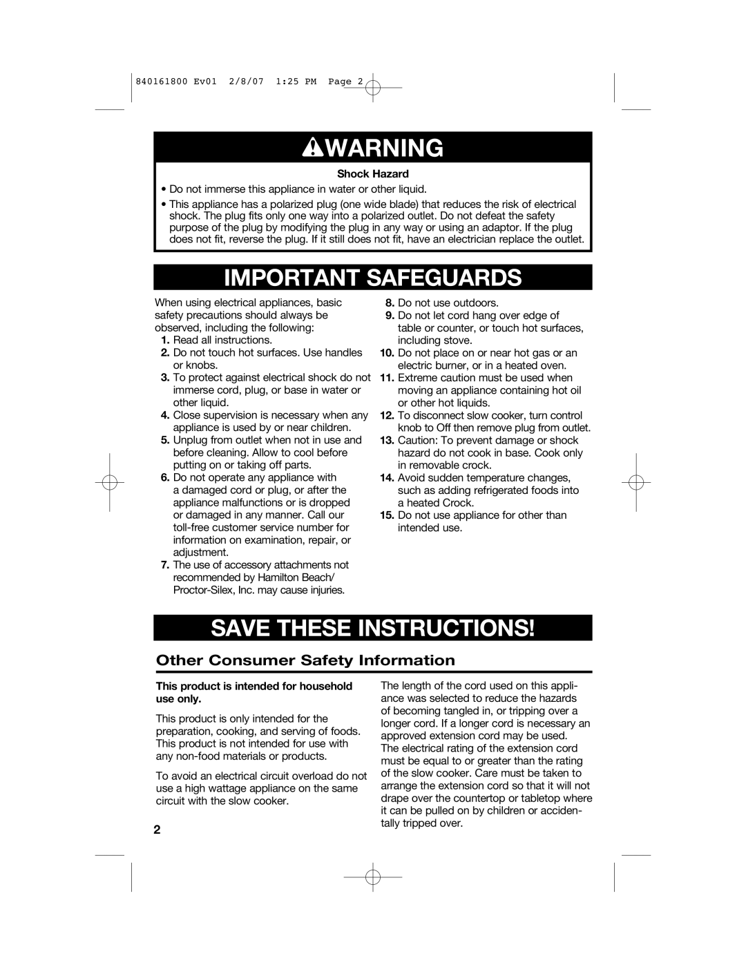 Hamilton Beach 840161800 manual Wwarning, Other Consumer Safety Information 