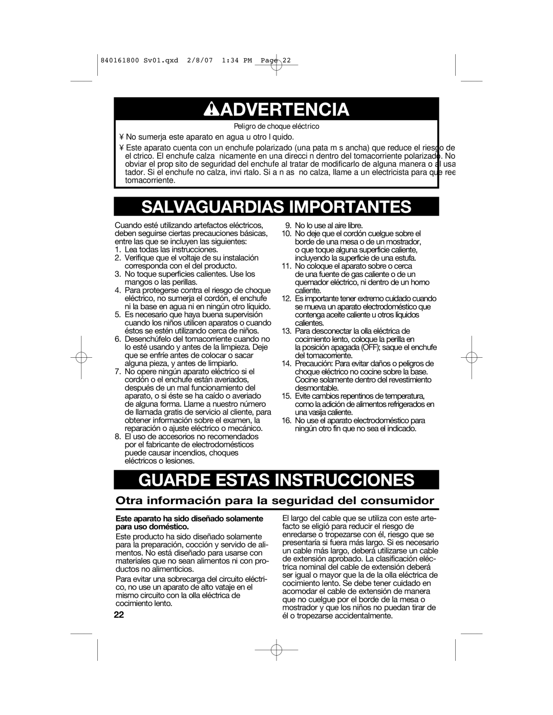 Hamilton Beach 840161800 manual Wadvertencia, Otra información para la seguridad del consumidor 