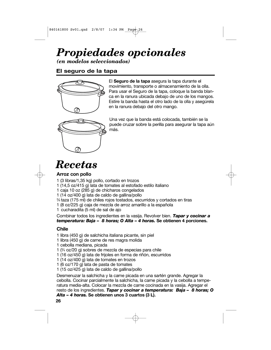 Hamilton Beach 840161800 manual Propiedades opcionales, Recetas, El seguro de la tapa, Chile 