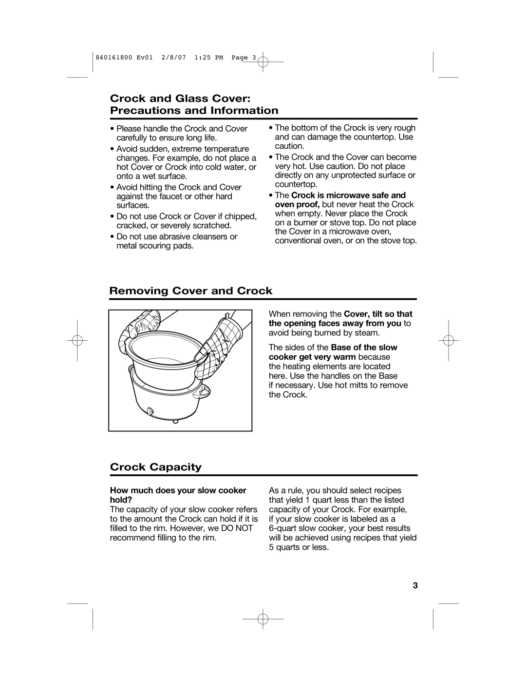 Hamilton Beach 840161800 manual Crock and Glass Cover Precautions and Information, Removing Cover and Crock, Crock Capacity 