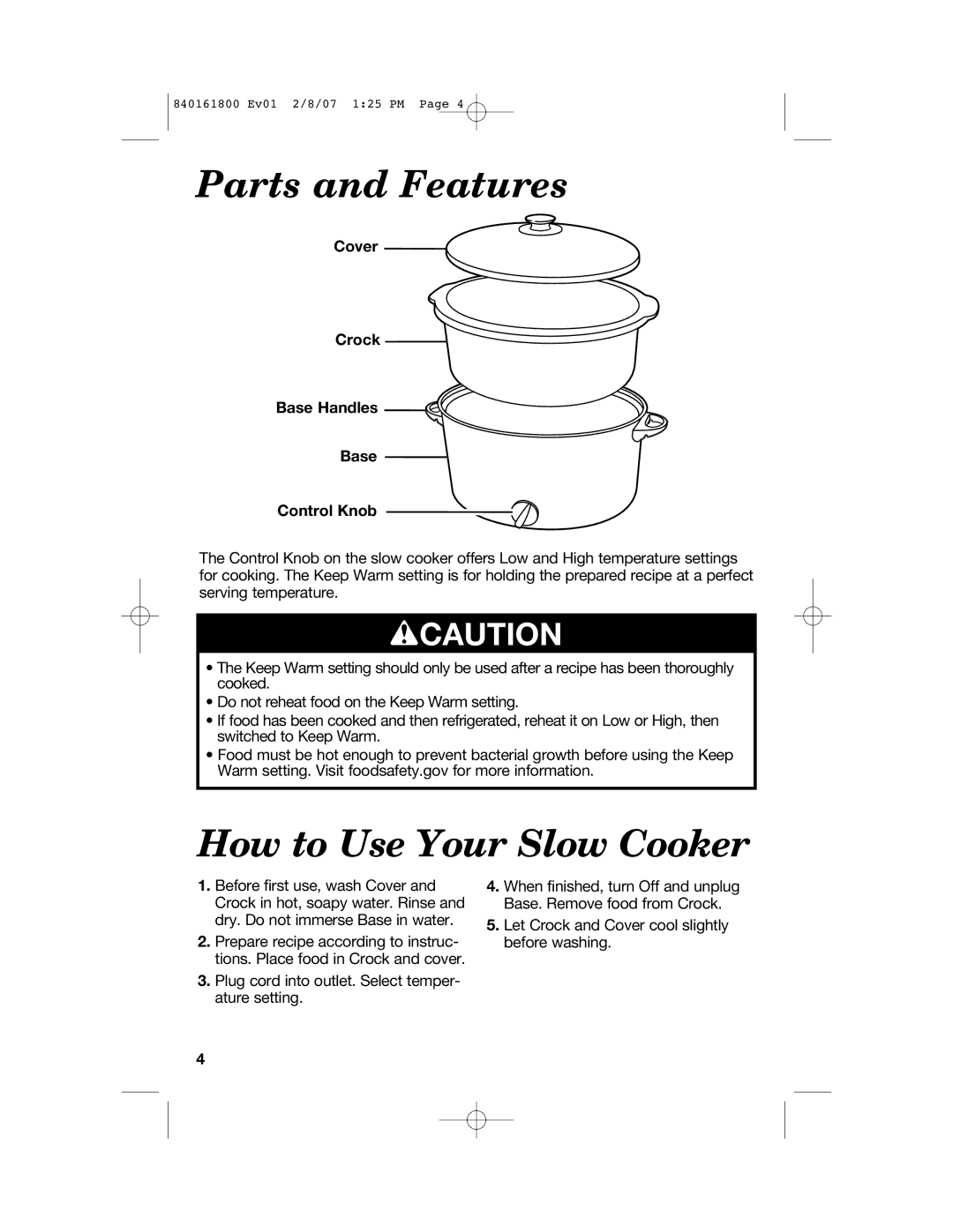 Hamilton Beach 840161800 Parts and Features, How to Use Your Slow Cooker, Wcaution, Cover Crock Base Handles Control Knob 