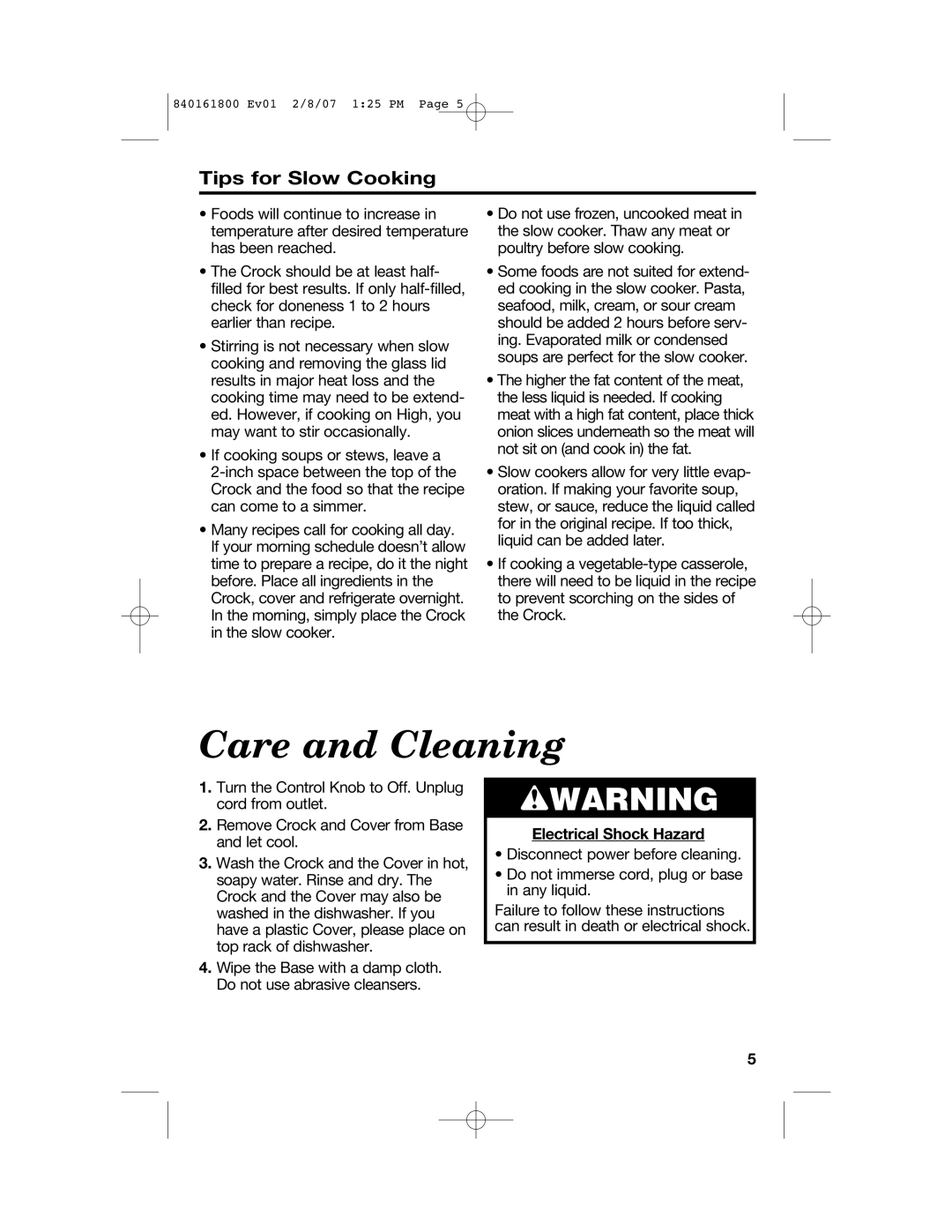 Hamilton Beach 840161800 manual Care and Cleaning, Tips for Slow Cooking, Electrical Shock Hazard 