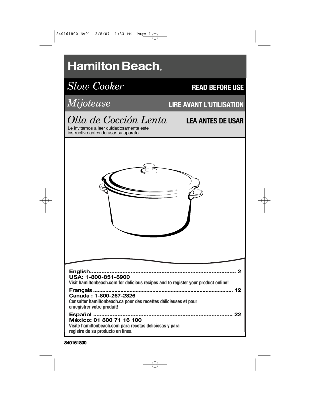 Hamilton Beach 840161800 manual English, Français, Canada, Español, México 01 800 71 16, Slow Cooker Mijoteuse 