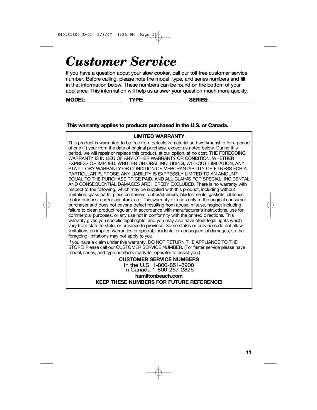 Hamilton Beach 840161800 manual Model Type Series, Limited Warranty, Customer Service Numbers 