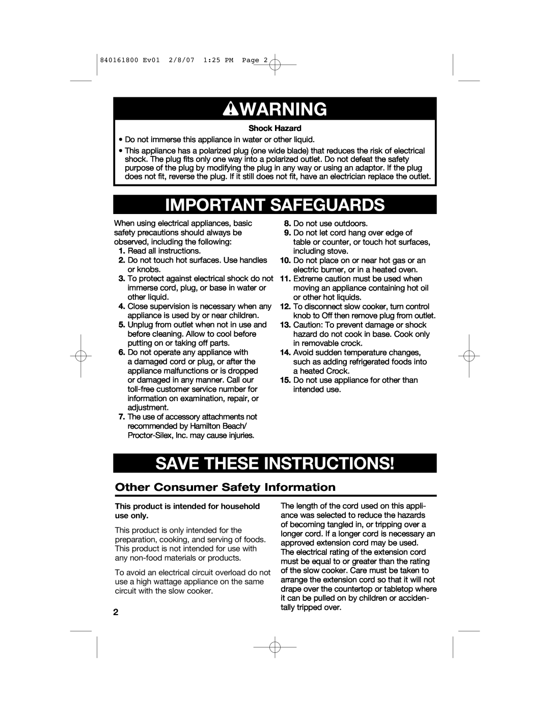 Hamilton Beach 840161800 manual wWARNING, Important Safeguards, Save These Instructions, Other Consumer Safety Information 