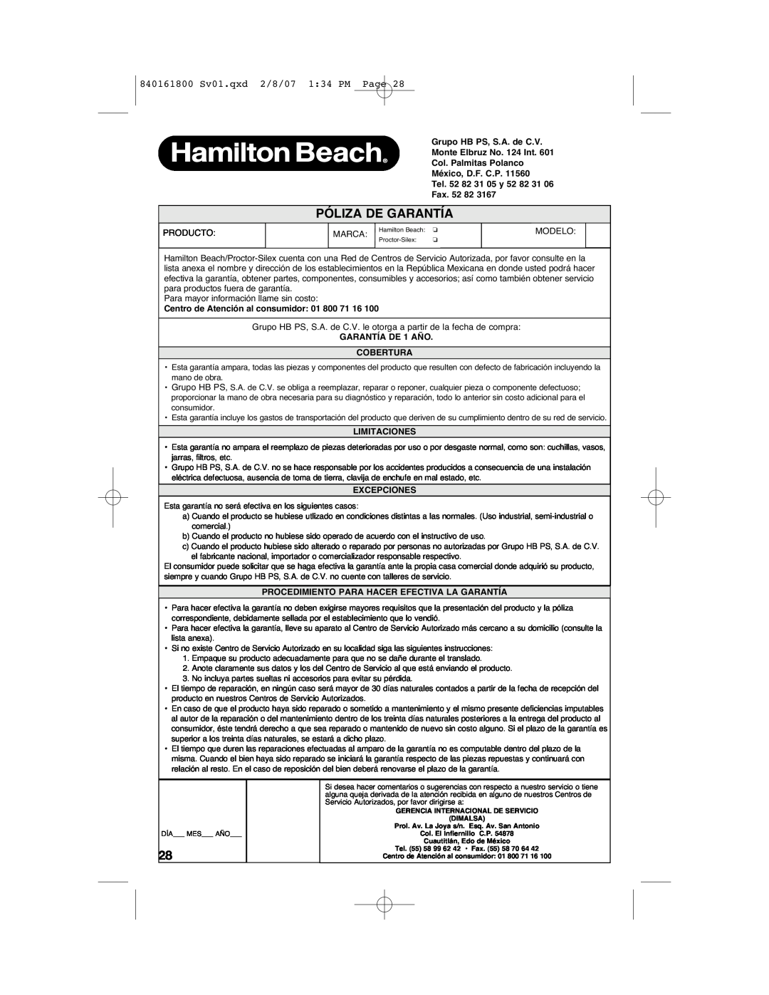 Hamilton Beach manual Póliza De Garantía, 840161800 Sv01.qxd 2/8/07 134 PM Page, Fax. 52 82, GARANTÍA DE 1 AÑO COBERTURA 