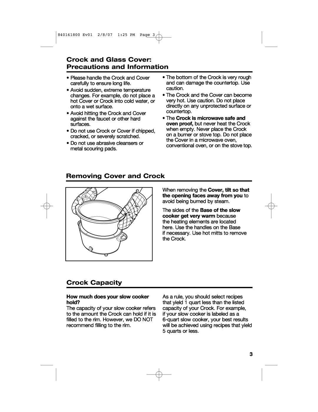 Hamilton Beach 840161800 manual Crock and Glass Cover Precautions and Information, Removing Cover and Crock, Crock Capacity 