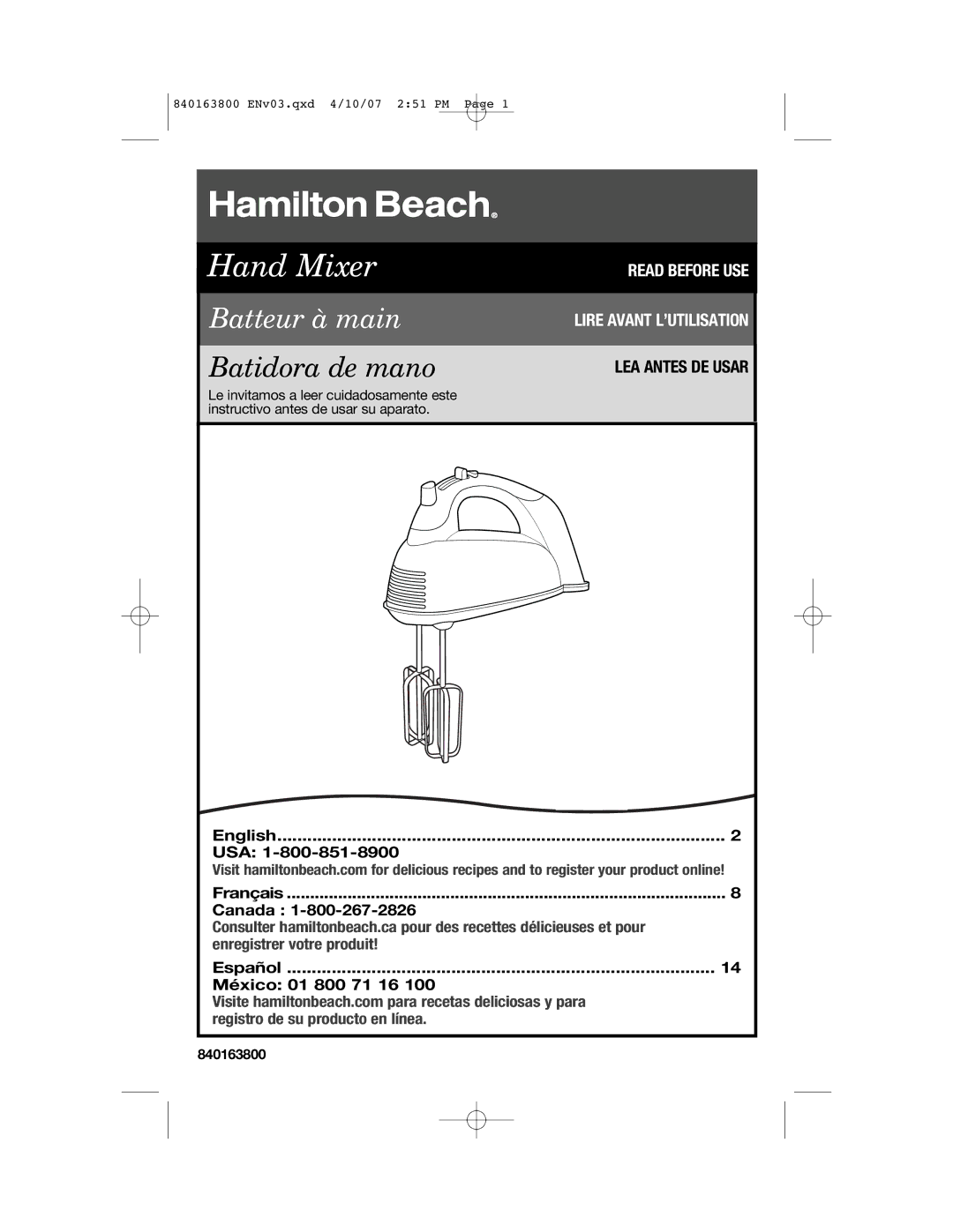 Hamilton Beach 62650, 840163800 manual English USA Français Canada, Español México 01 800 71 16 