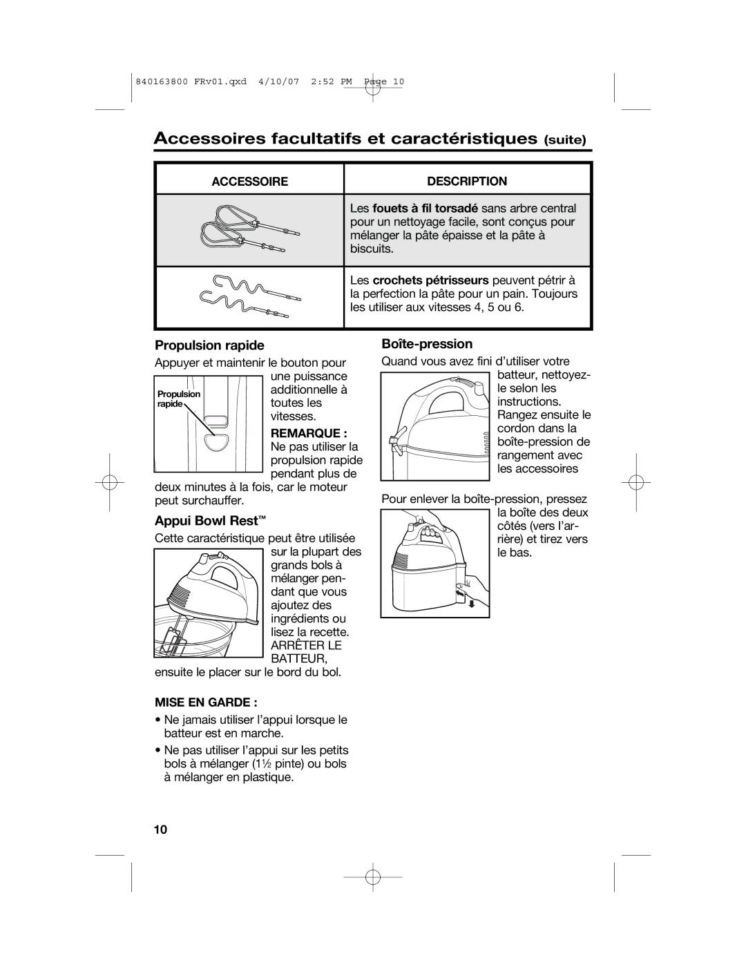 Hamilton Beach 840163800, 62650 manual Propulsion rapide, Appui Bowl Rest, Boîte-pression, Mise EN Garde 