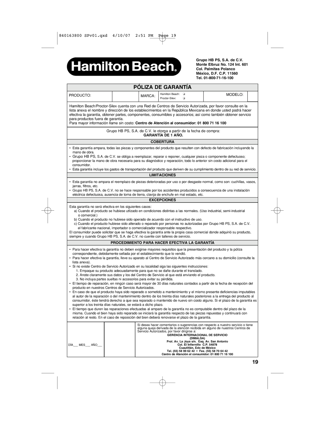 Hamilton Beach 62650, 840163800 manual Póliza DE Garantía 