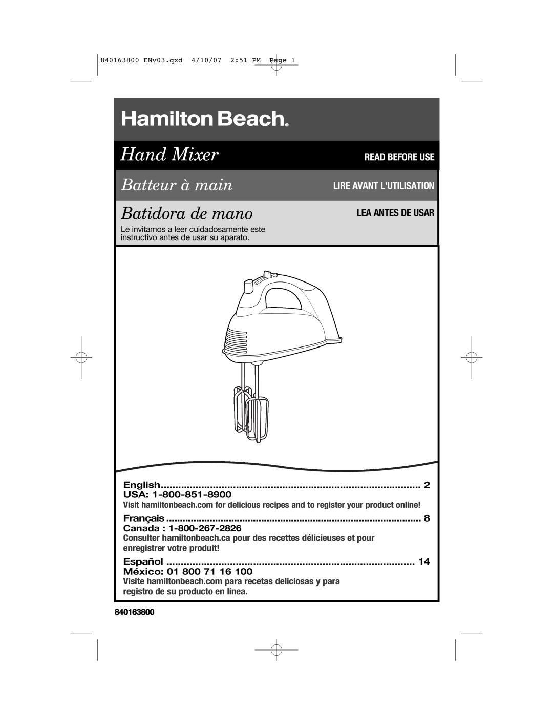 Hamilton Beach 62650, 840163800 manual Lea Antes De Usar, English, Français, Canada, Español, México 01 800 71, Hand Mixer 