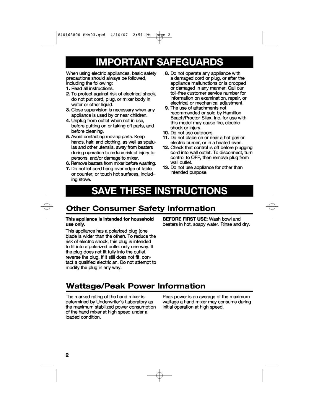 Hamilton Beach 840163800, 62650 manual Important Safeguards, Save These Instructions, Other Consumer Safety Information 