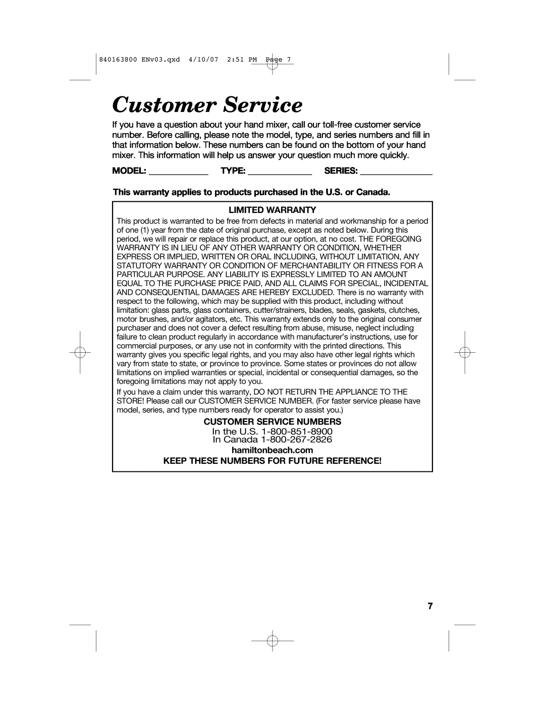 Hamilton Beach 62650, 840163800 manual Model Type Series, Limited Warranty, Customer Service Numbers 