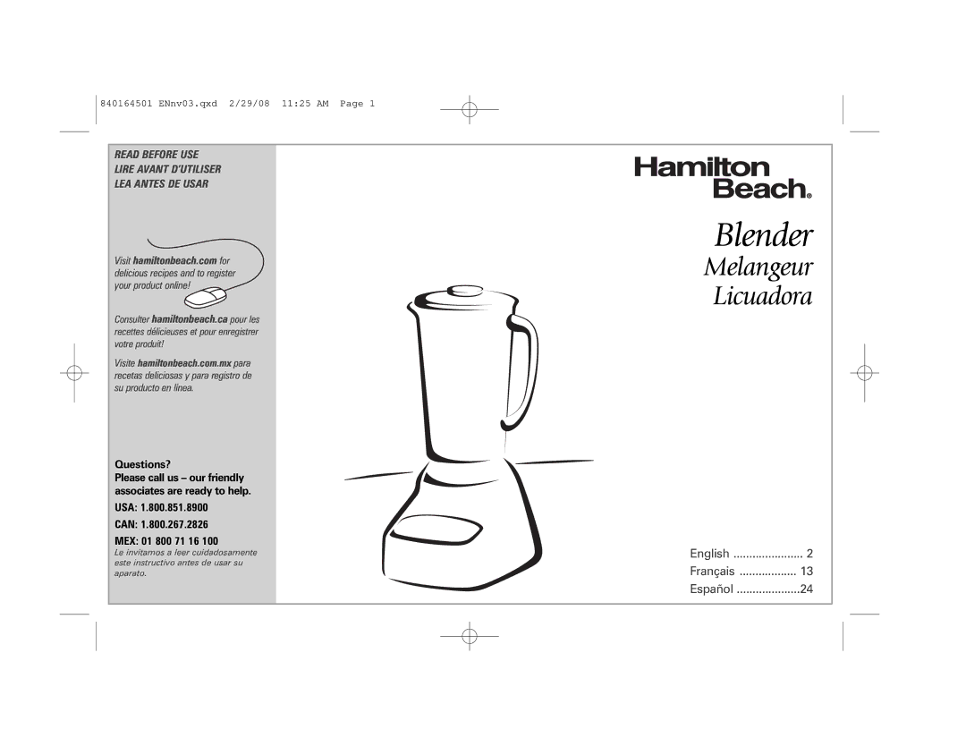 Hamilton Beach 840164501 manual Blender 