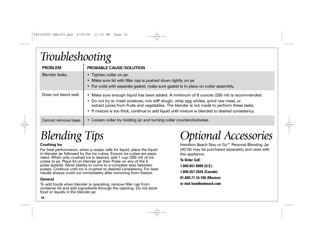 Hamilton Beach 840164501 manual Troubleshooting, Blending Tips, Optional Accessories, Problem, Probable CAUSE/SOLUTION 