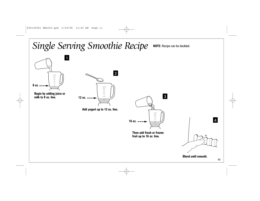 Hamilton Beach 840164501 manual Single Serving Smoothie Recipe 