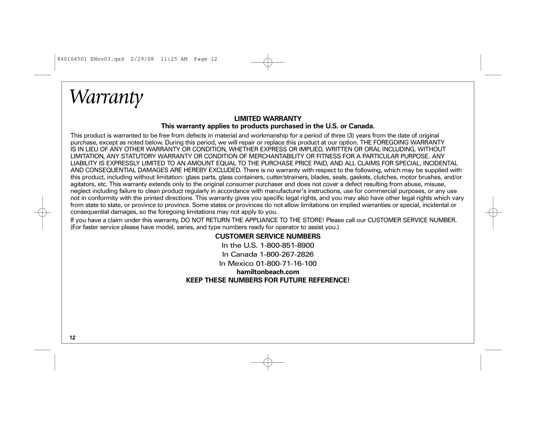 Hamilton Beach 840164501 manual Limited Warranty, Customer Service Numbers, Keep These Numbers for Future Reference 