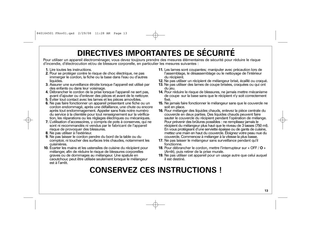 Hamilton Beach 840164501 manual Directives Importantes DE Sécurité 