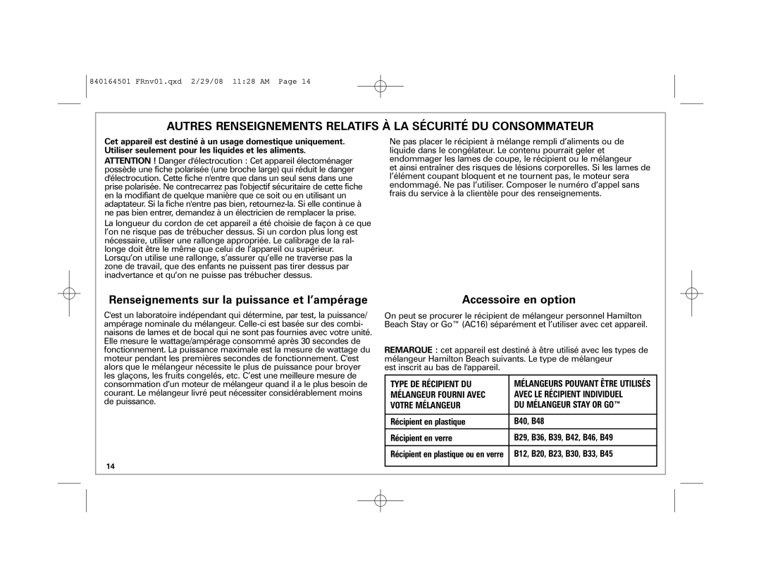 Hamilton Beach 840164501 manual Autres Renseignements Relatifs À LA Sécurité DU Consommateur 