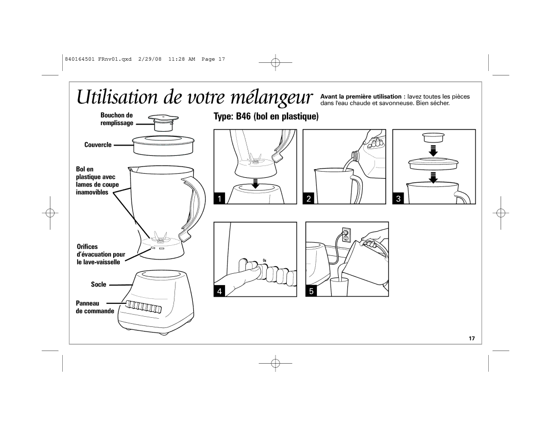 Hamilton Beach 840164501 manual Type B46 bol en plastique 