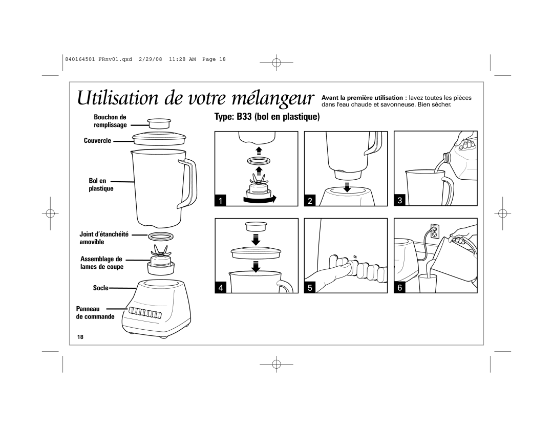 Hamilton Beach 840164501 manual Type B33 bol en plastique 