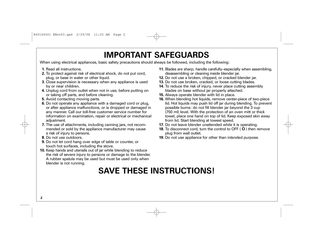 Hamilton Beach 840164501 manual Important Safeguards 