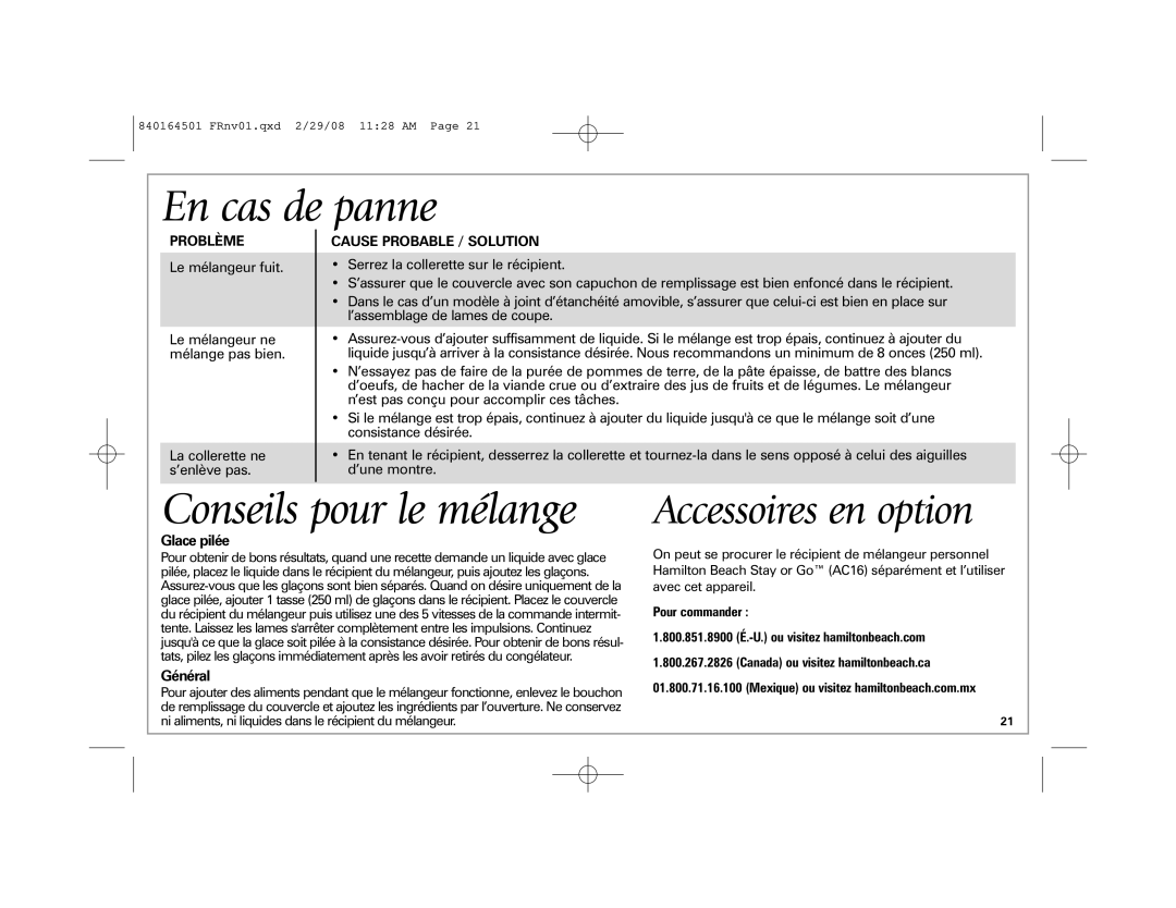 Hamilton Beach 840164501 manual En cas de panne, Conseils pour le mélange, Problème, Cause Probable / Solution 