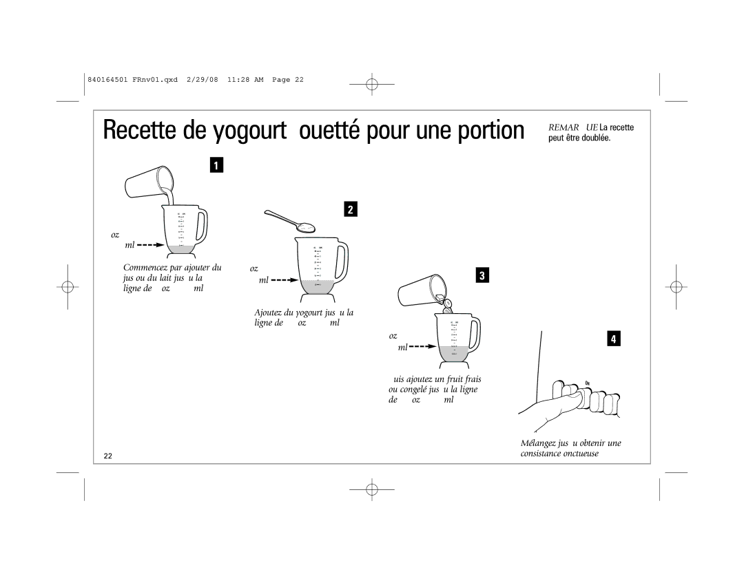 Hamilton Beach 840164501 manual Recette de yogourt fouetté pour une portion 