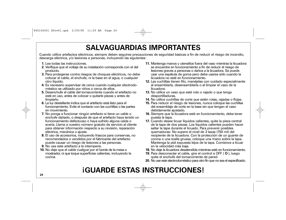 Hamilton Beach 840164501 manual Salvaguardias Importantes 