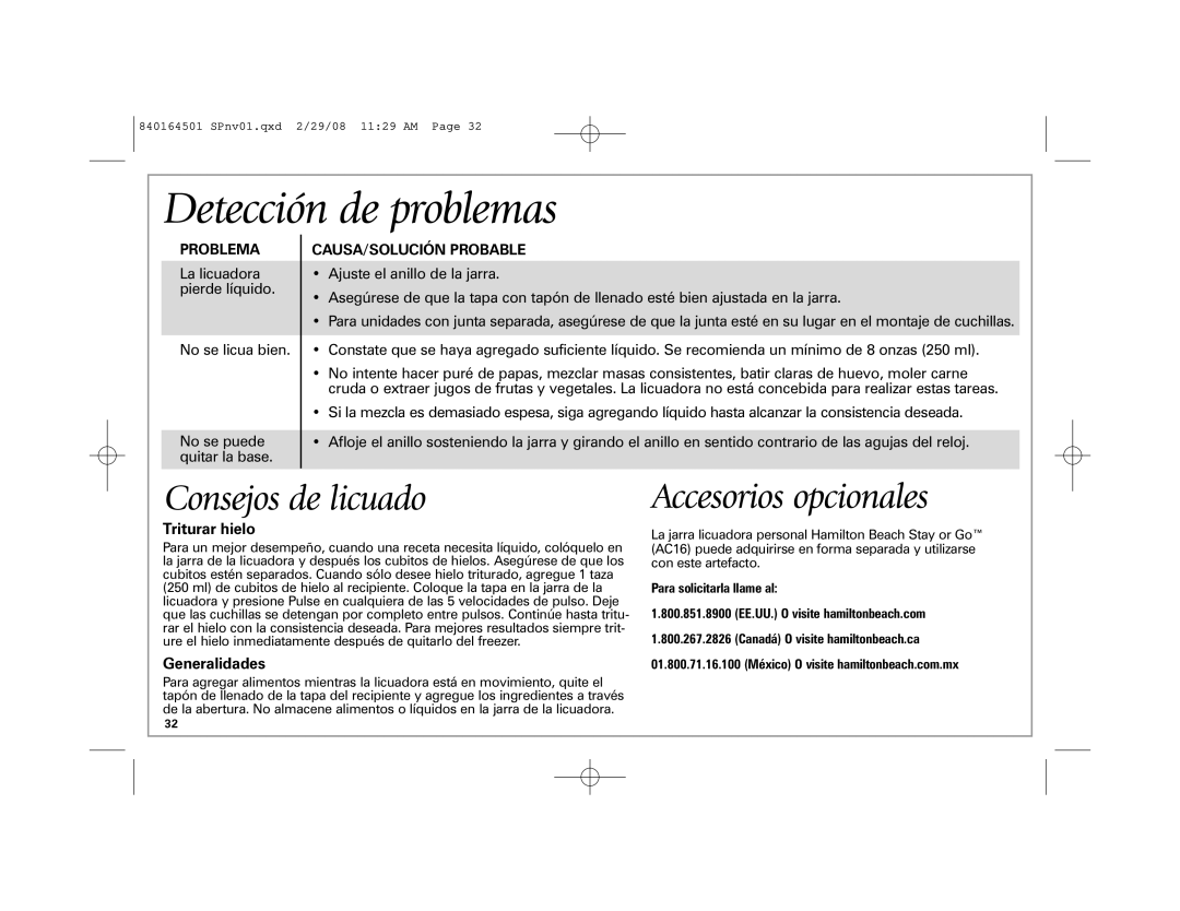 Hamilton Beach 840164501 manual Detección de problemas, Problema, CAUSA/SOLUCIÓN Probable 