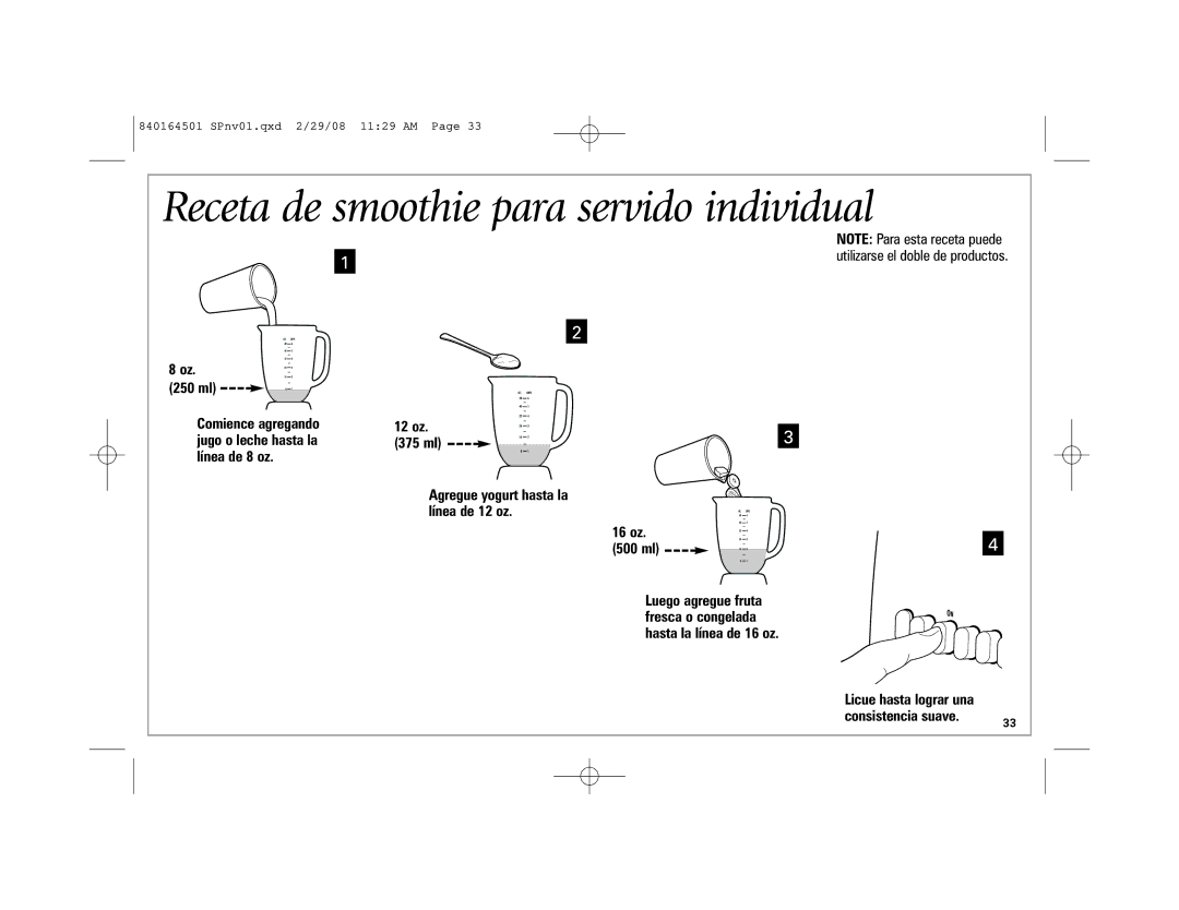 Hamilton Beach 840164501 manual Receta de smoothie para servido individual, Consistencia suave 