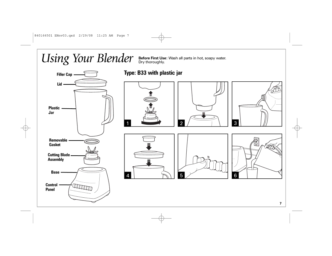 Hamilton Beach 840164501 manual Type B33 with plastic jar 