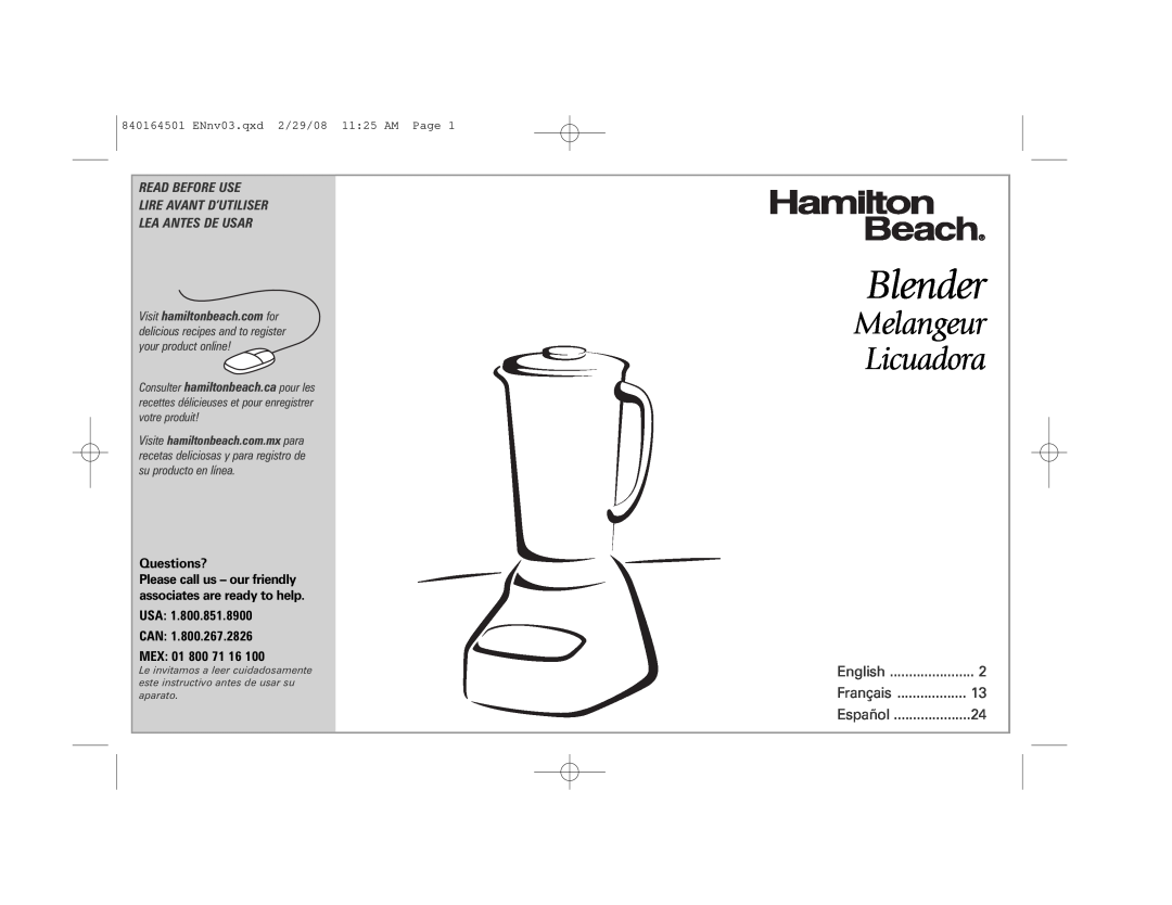 Hamilton Beach 840164501 manual Blender, Melangeur Licuadora, Read Before Use Lire Avant D’Utiliser, Lea Antes De Usar 