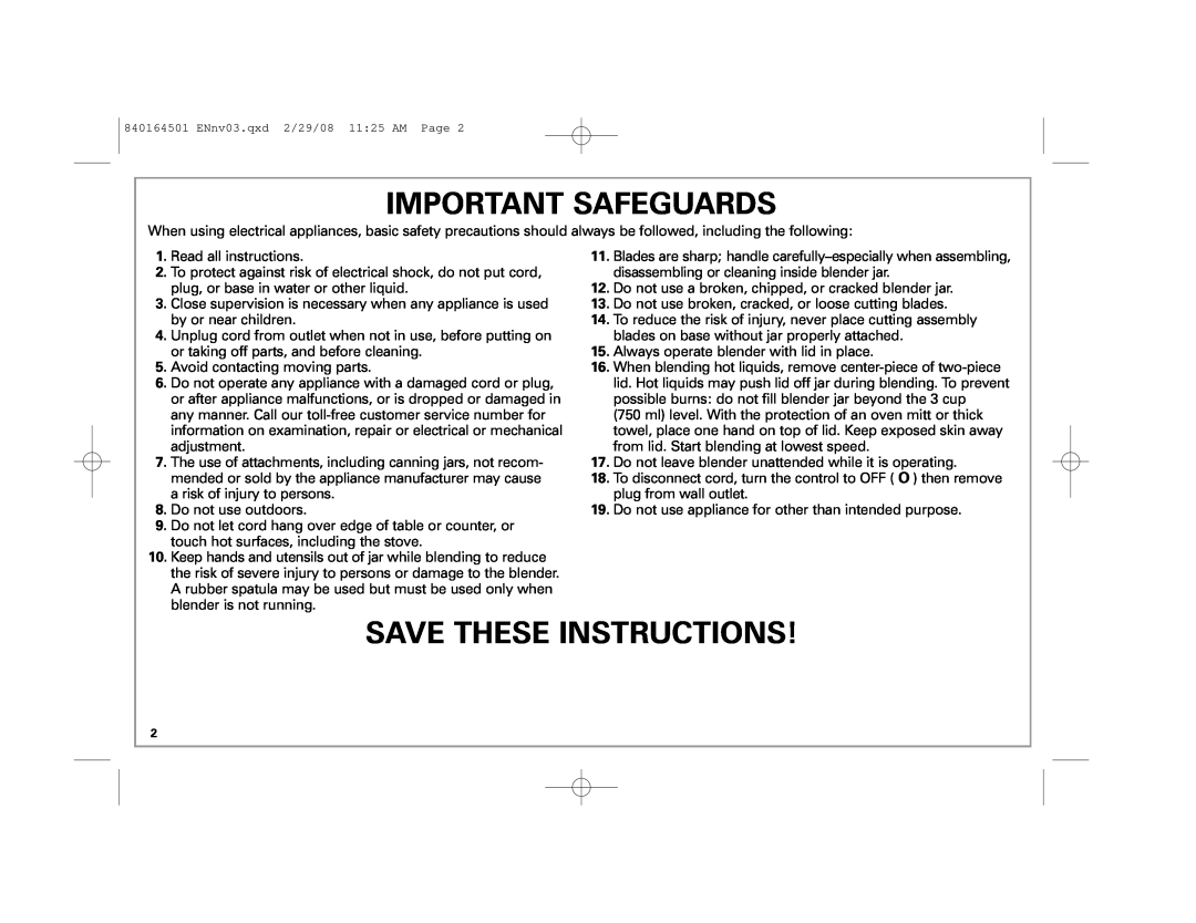 Hamilton Beach 840164501 manual Important Safeguards, Save These Instructions 