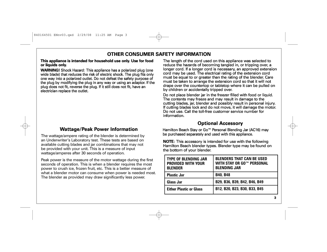 Hamilton Beach 840164501 Other Consumer Safety Information, Wattage/Peak Power Information, Optional Accessory, Blender 