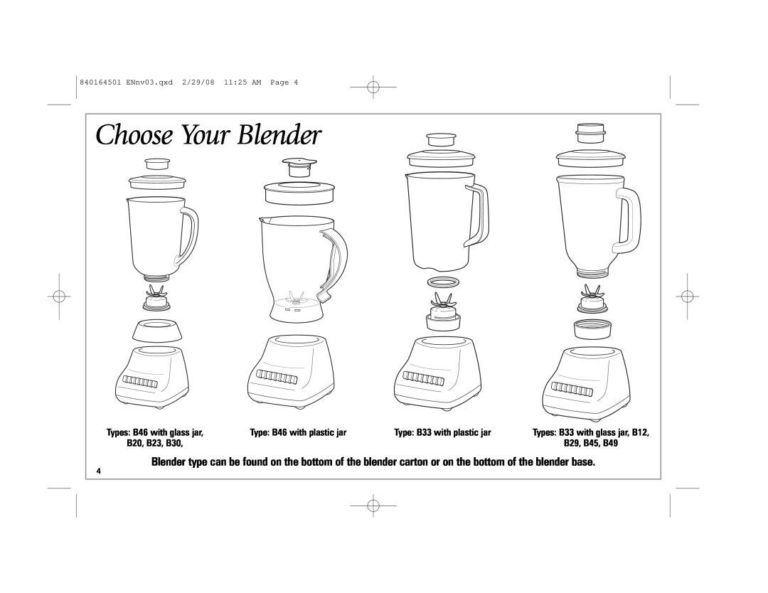Hamilton Beach 840164501 manual Choose Your Blender, Type: B46 with plastic jar, Type B33 with plastic jar, B20, B23, B30 