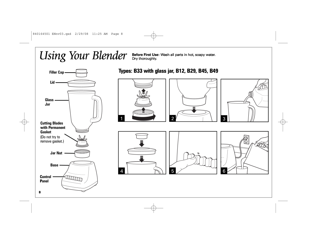 Hamilton Beach 840164501 manual Types: B33 with glass jar, B12, B29, B45, B49, Filler Cap Lid Glass Jar 
