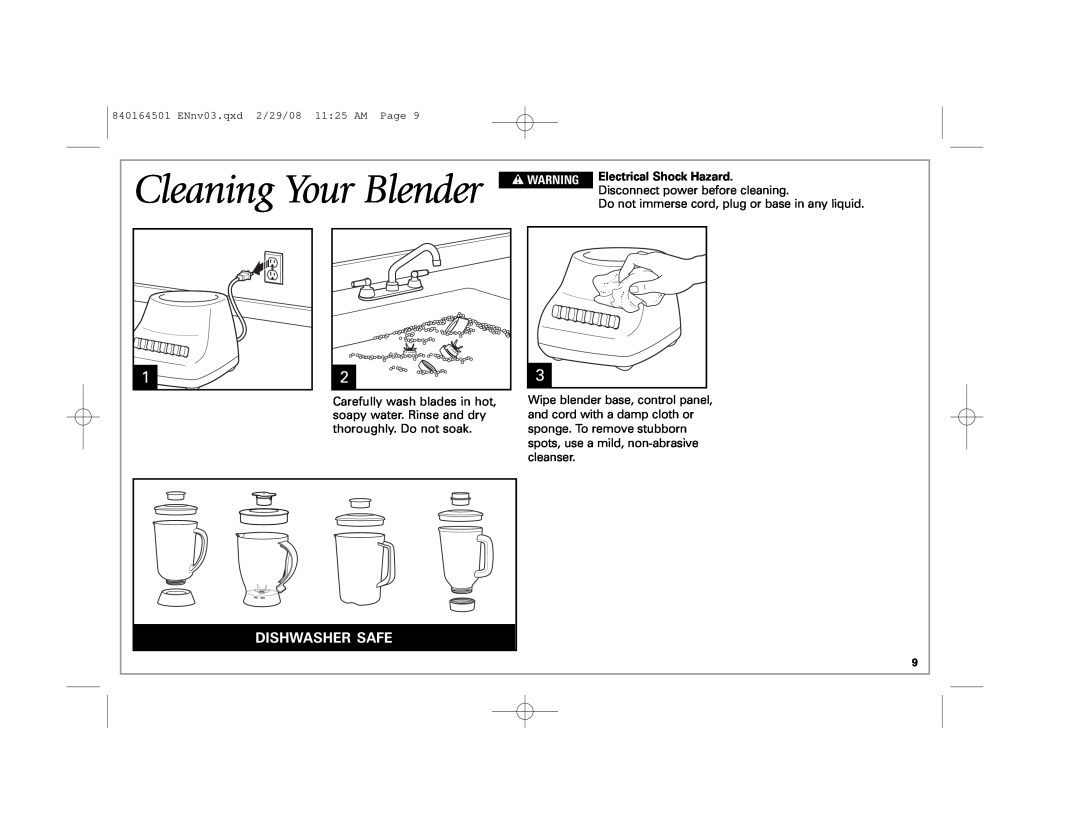 Hamilton Beach 840164501 manual Cleaning Your Blender, Dishwasher Safe, w WARNING, Electrical Shock Hazard 