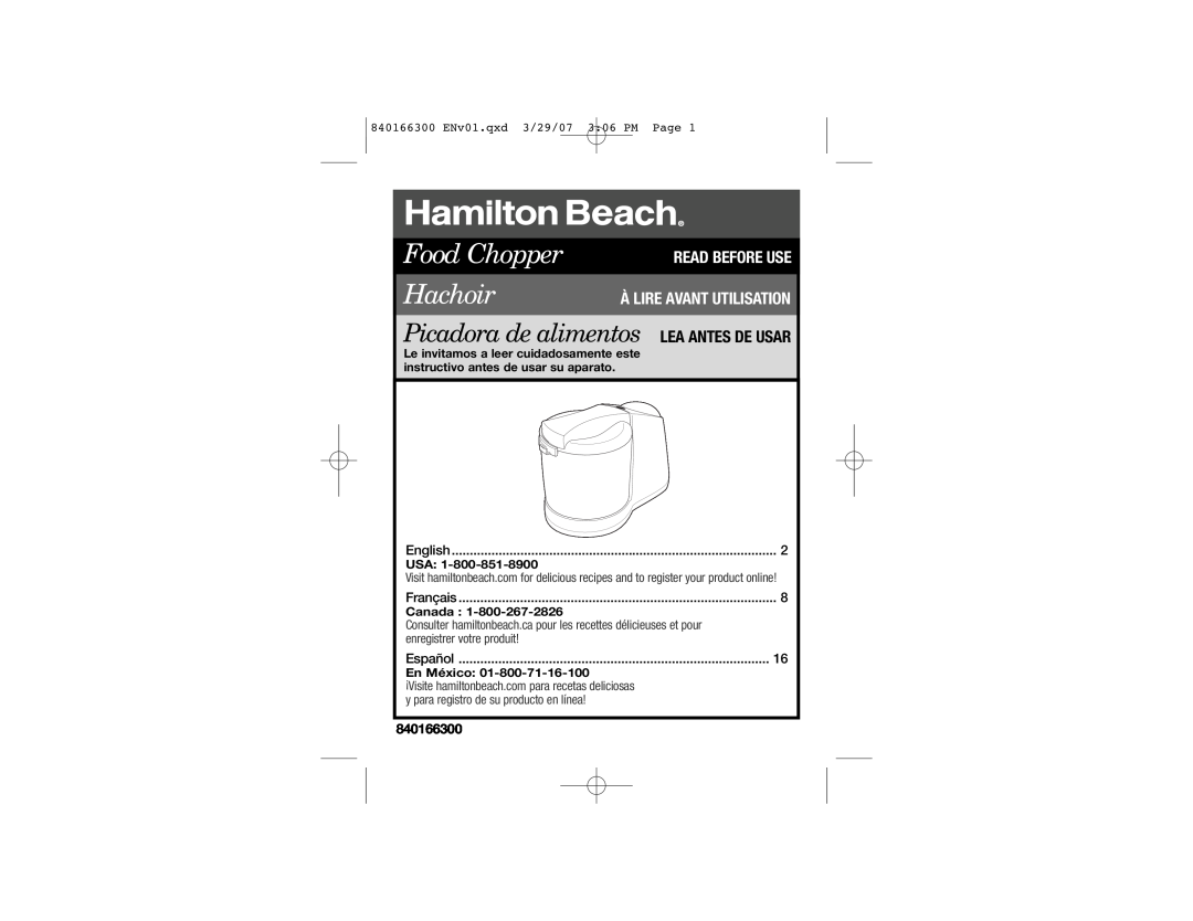 Hamilton Beach 840166300 manual Read Before Use À Lire Avant Utilisation, Food Chopper Hachoir, Français, Canada, Español 