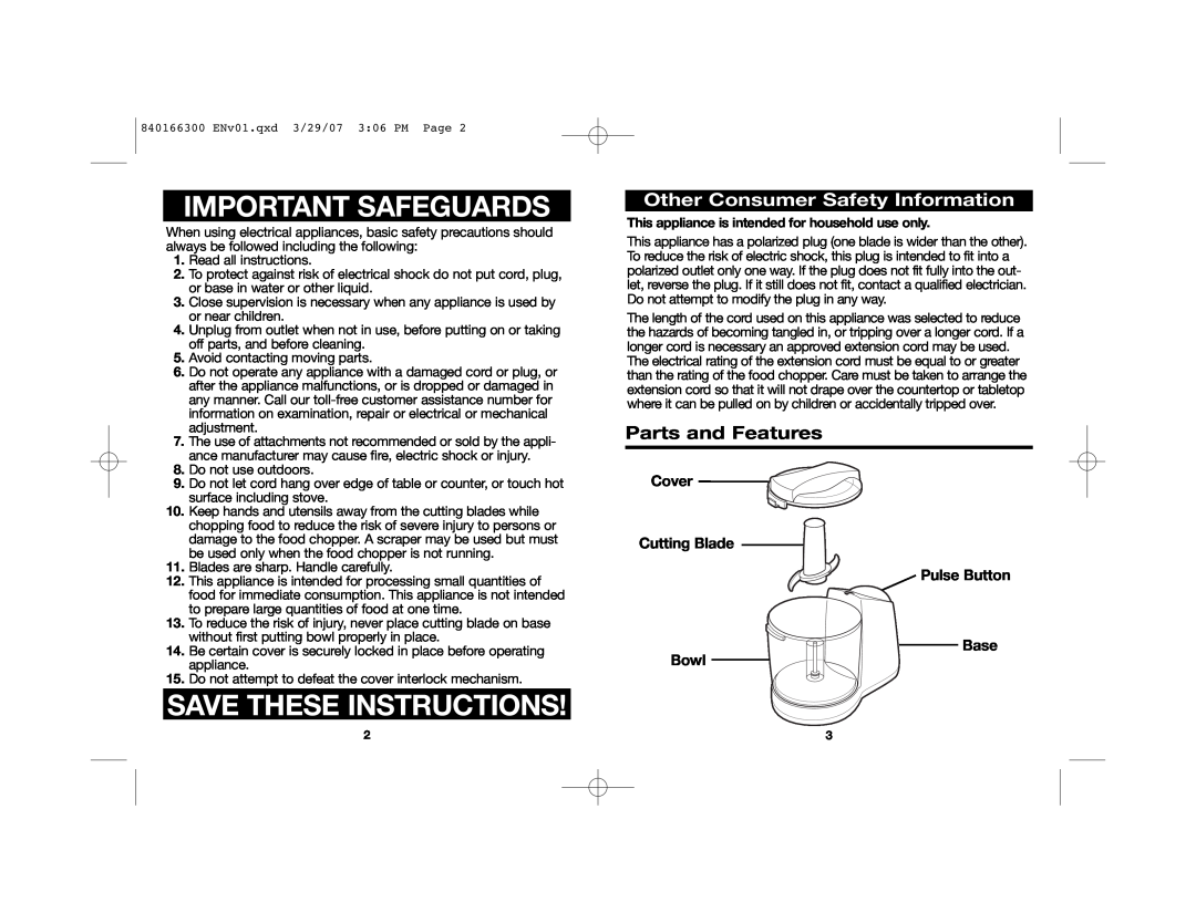 Hamilton Beach 840166300 manual Important Safeguards, Save These Instructions, Parts and Features 