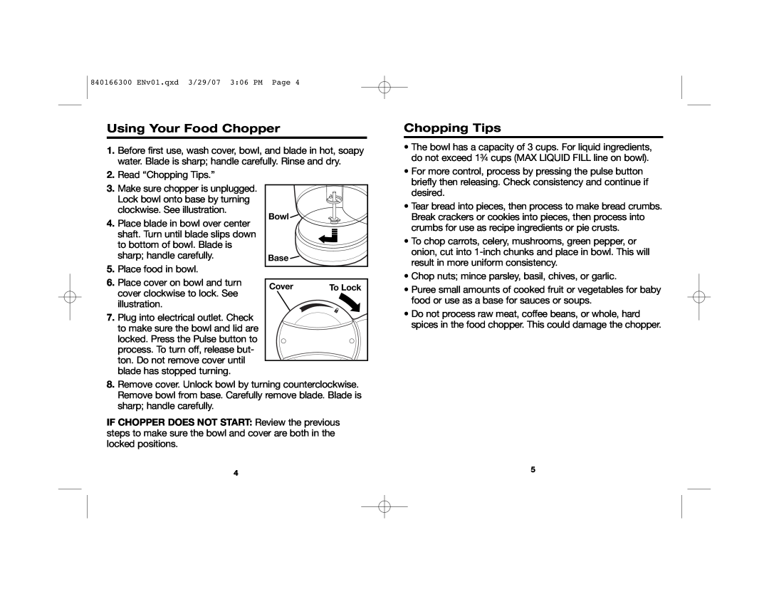 Hamilton Beach 840166300 manual Using Your Food Chopper, Chopping Tips 
