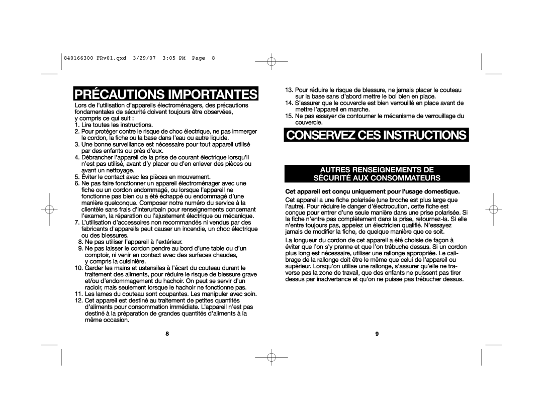Hamilton Beach 840166300 manual Précautions Importantes, Autres Renseignements De Sécurité Aux Consommateurs 