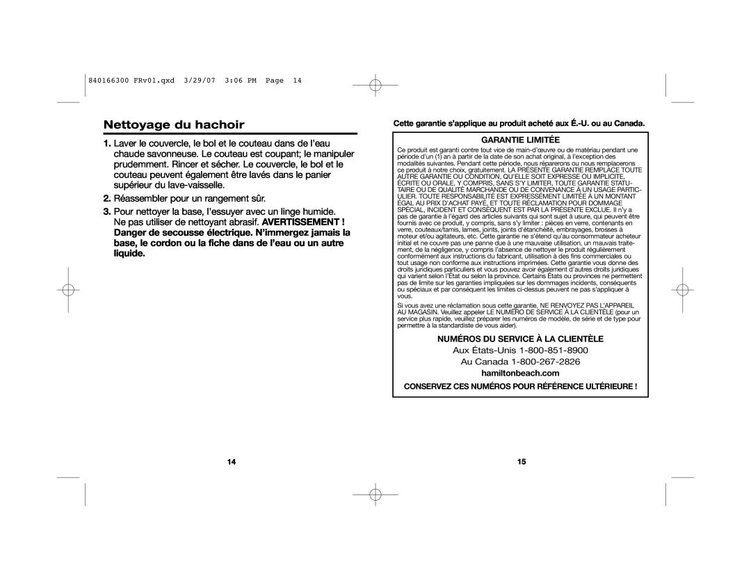 Hamilton Beach 840166300 manual Nettoyage du hachoir, Aux États-Unis Au Canada 