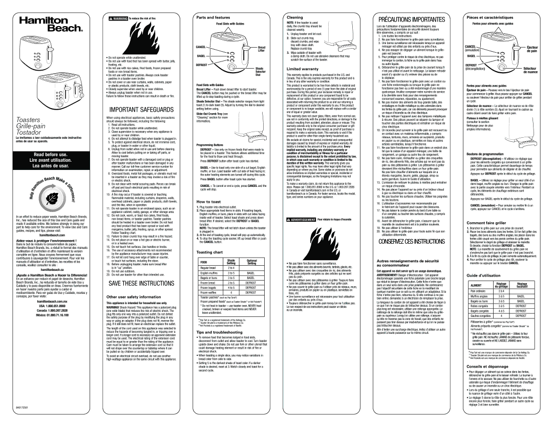 Hamilton Beach 840172501 warranty Other user safety information, Parts and features, How to toast, Toasting chart 