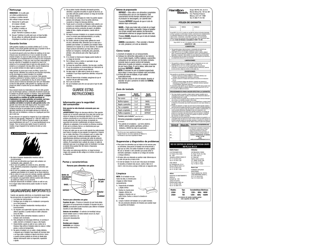 Hamilton Beach 840172501 Nettoyage, Garantie limitée, Información para la seguridad del consumidor, Cómo tostar, Limpieza 