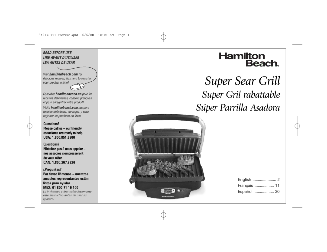 Hamilton Beach 840172701 manual Super Sear Grill, Read Before USE Lire Avant D’UTILISER LEA Antes DE Usar 