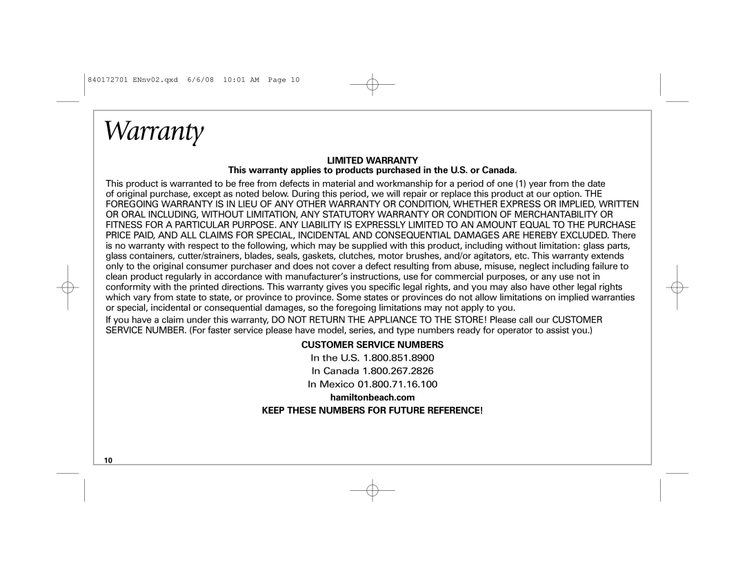 Hamilton Beach 840172701 manual Limited Warranty, Customer Service Numbers, Keep These Numbers for Future Reference 