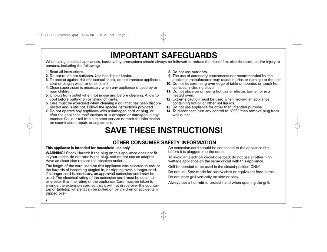 Hamilton Beach 840172701 manual Important Safeguards 